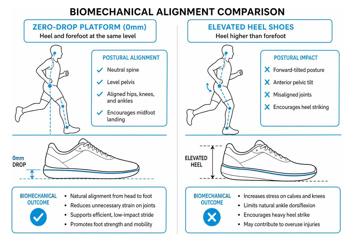 Biomechanical alignment diagram comparing zero-drop platform to elevated heel running shoes