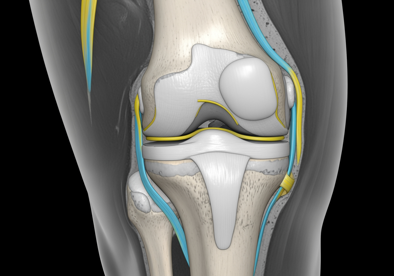 3D rendering of a human knee joint from an MRI scan, highlighting cartilage and ligaments - Non surgical options