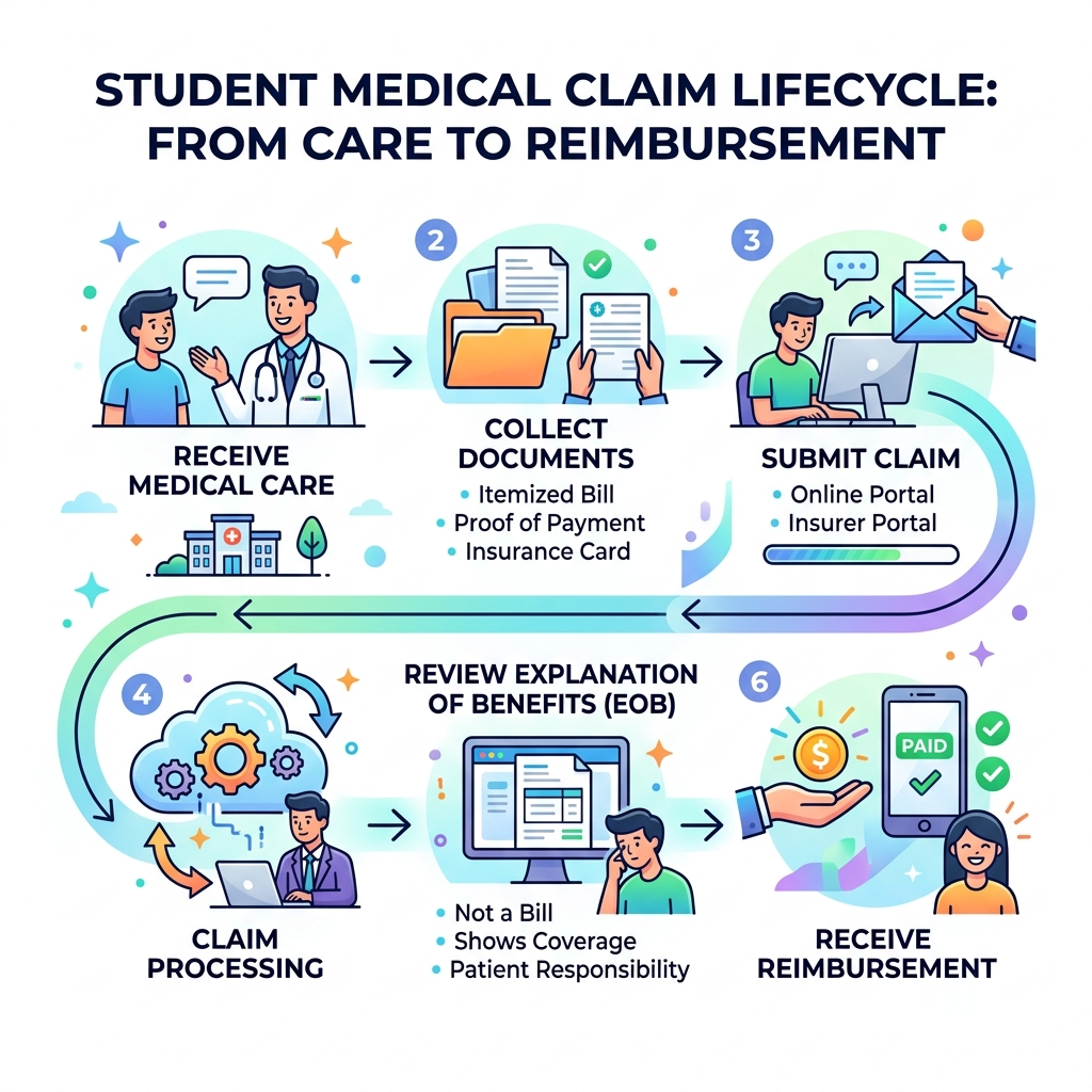 Medical claim lifecycle from receiving care to receiving reimbursement payment - medical claim student guide infographic 