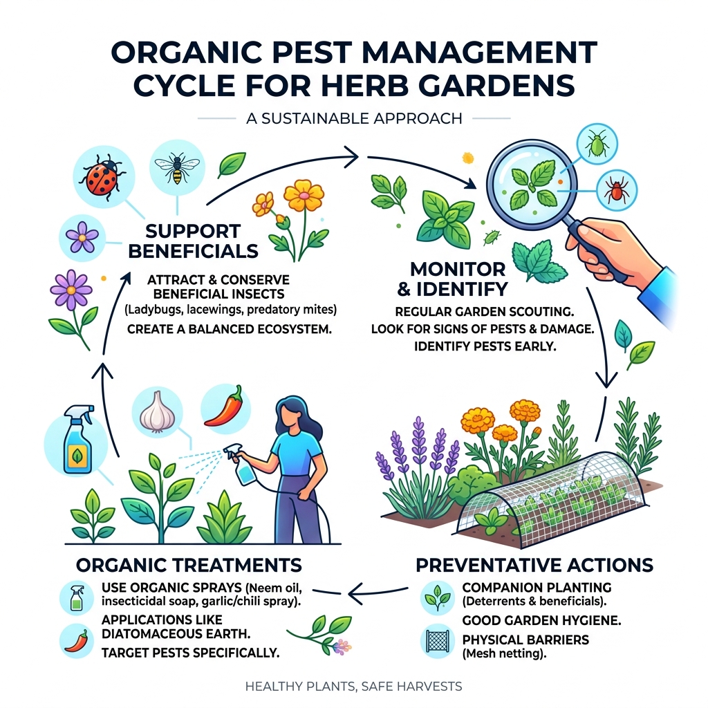 organic pest management cycle for herb gardens infographic - herb pests organic solutions infographic 