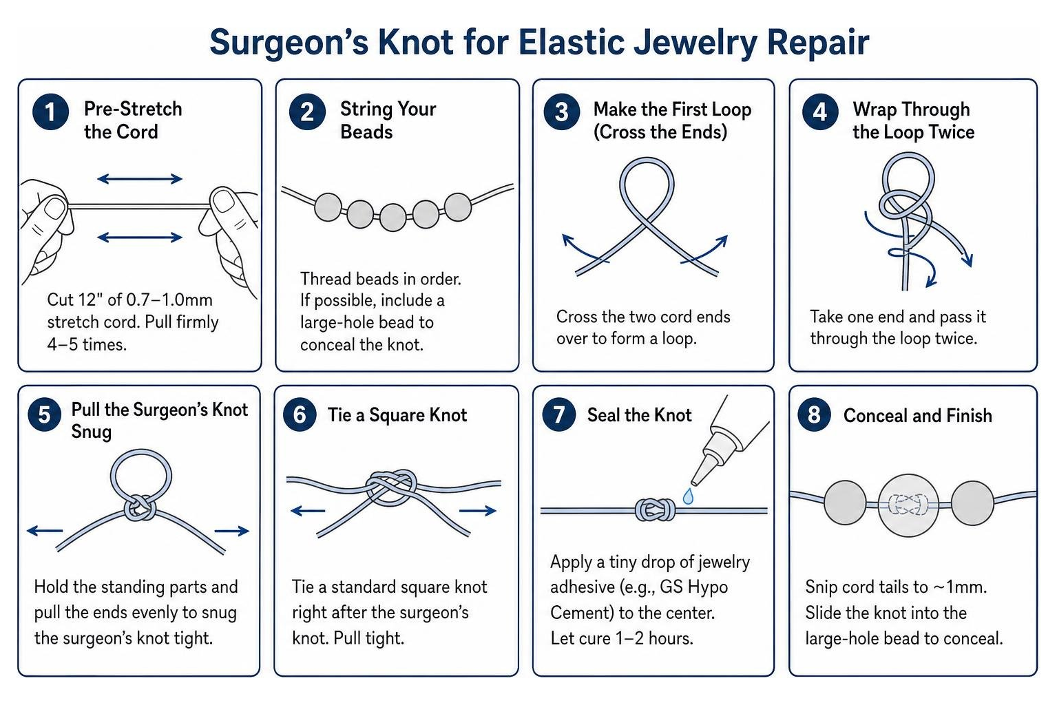 Surgeon's knot tying process for elastic jewelry repair Surgeon's knot tying process for elastic jewelry repair