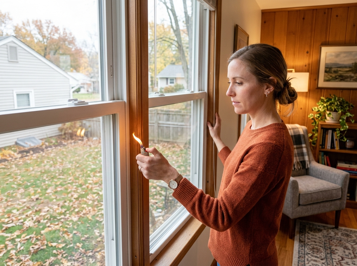 Person performing the flame test on a window frame to detect drafts - window draft excluder