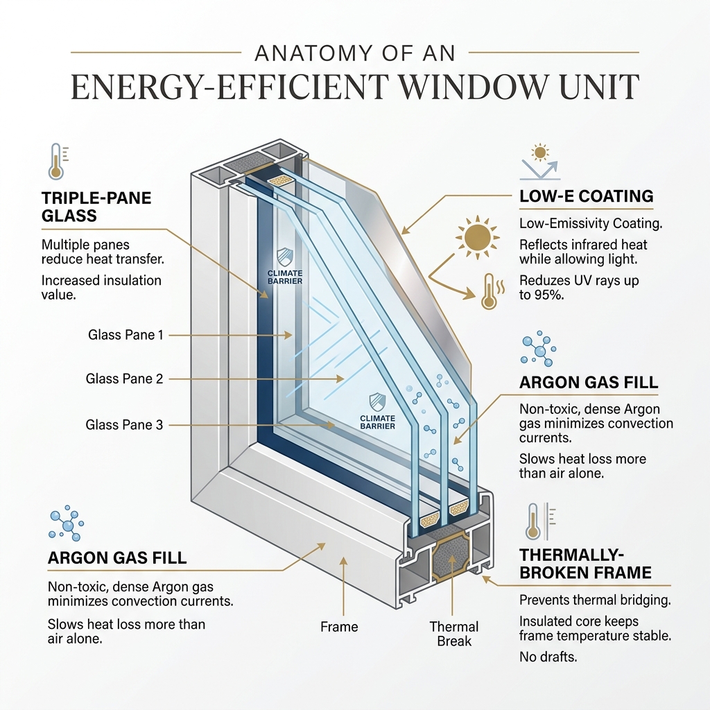 Infographic showing the layers of an energy-efficient window unit including glass panes, Low-E coating, gas fill, and frame