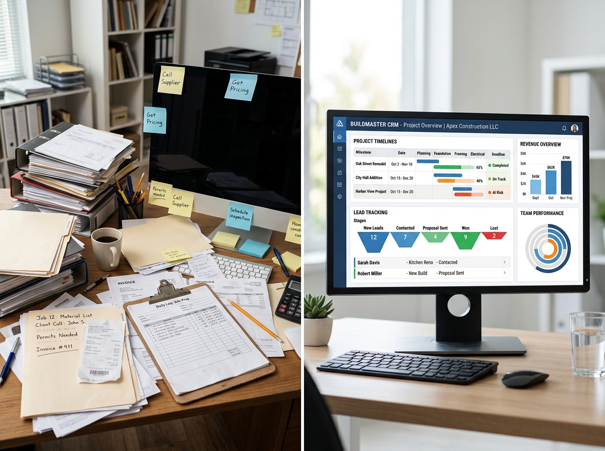 Disorganized contractor paperwork vs. a clean digital dashboard - CRM for Charleston contractors Disorganized contractor paperwork vs. a clean digital dashboard - CRM for Charleston contractors