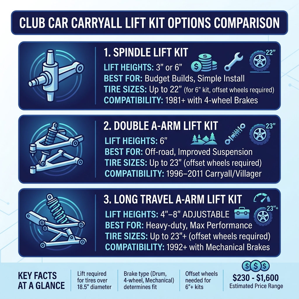 Club Car Carryall lift kit options comparison infographic showing lift heights, tire sizes, and compatibility - club car