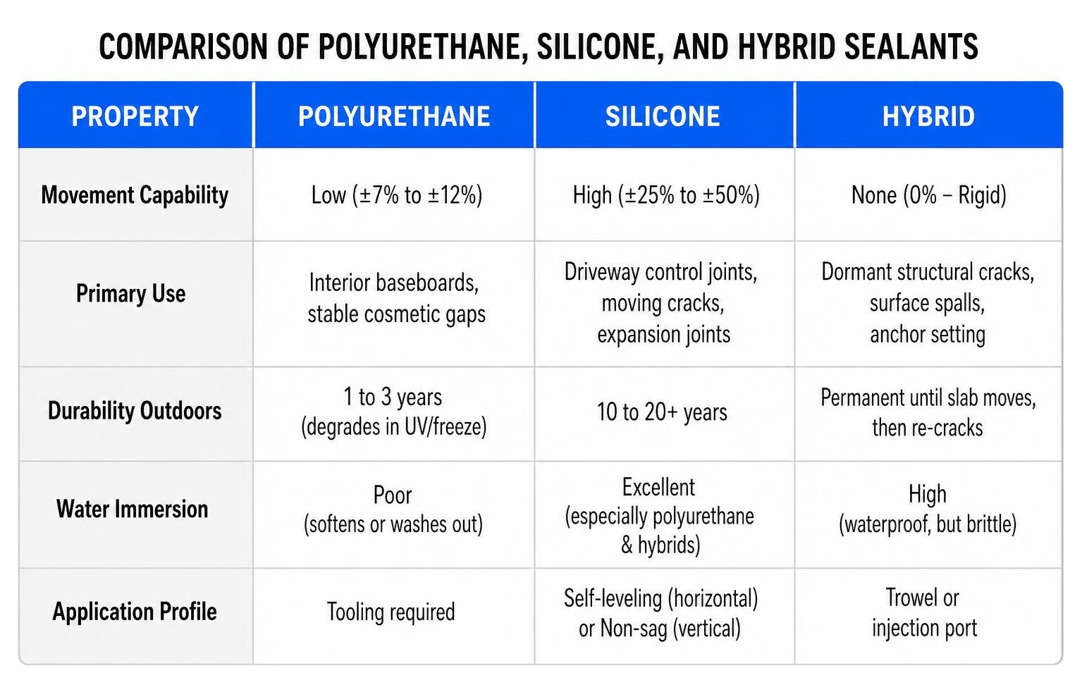 Comparison of Polyurethane, Silicone, and Hybrid Sealants Comparison of Polyurethane, Silicone, and Hybrid Sealants