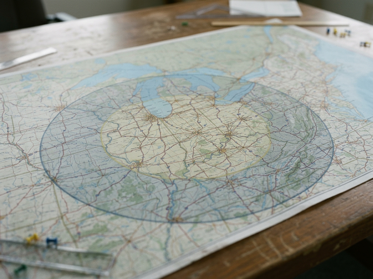 Map of the United States centered on Indiana showing 24 and 48 hour shipping radii, 3PL transportation management Indiana Map of the United States centered on Indiana showing 24 and 48 hour shipping radii, 3PL transportation management Indiana