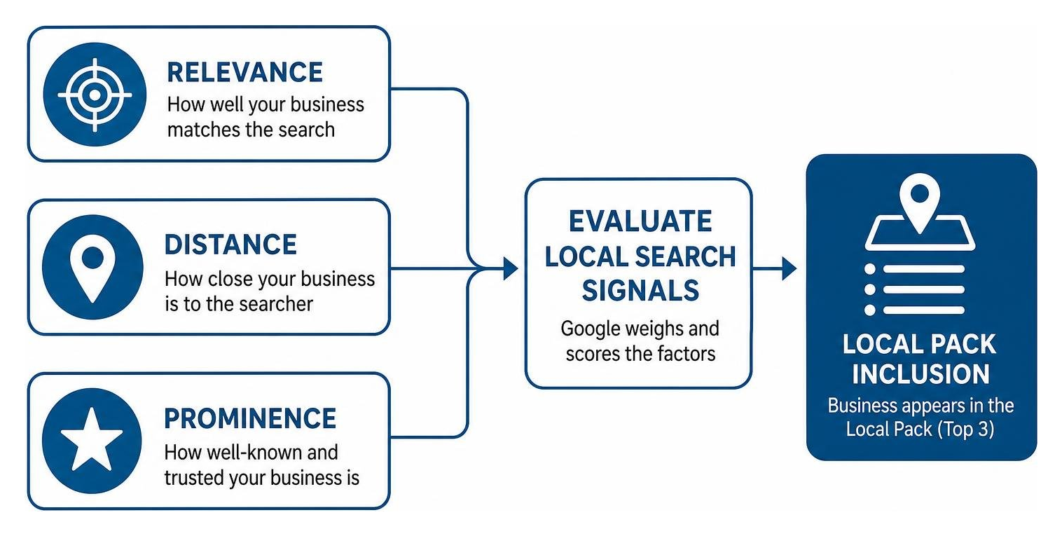 Local search ranking signal evaluation process flowchart showing Relevance, Distance, and Prominence inputs leading to Local Relevance, distance, and prominence factors influencing local search signals and Google Local Pack inclusion.