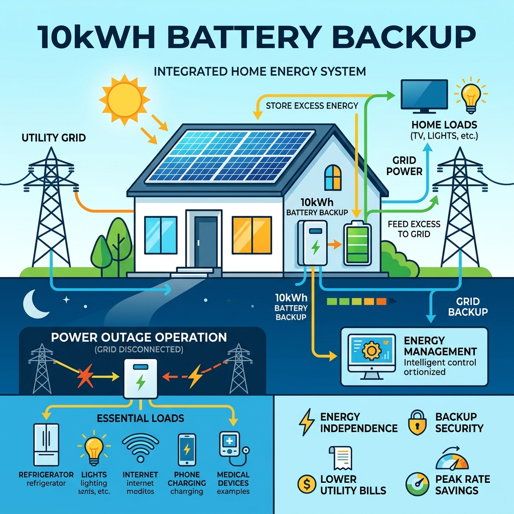 How a 10kWh battery backup integrates with home solar panels and the grid - 10kwh battery backup infographic How a 10kWh battery backup integrates with home solar panels and the grid - 10kwh battery backup infographic