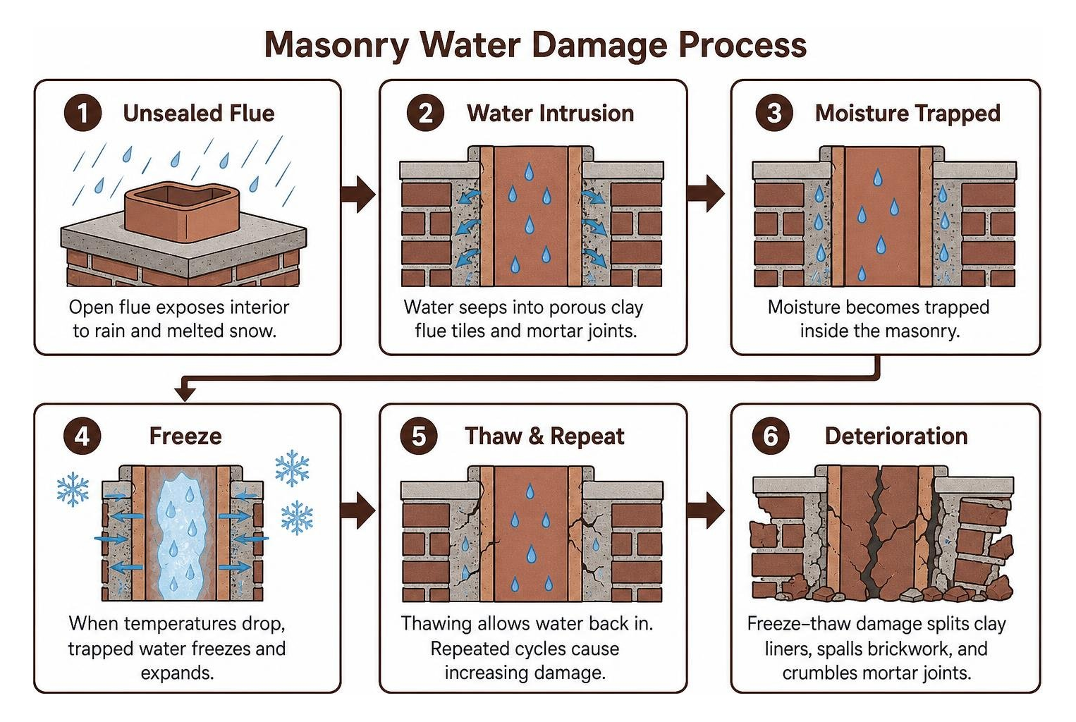 Masonry water damage process leading from unsealed flue to freeze thaw deterioration