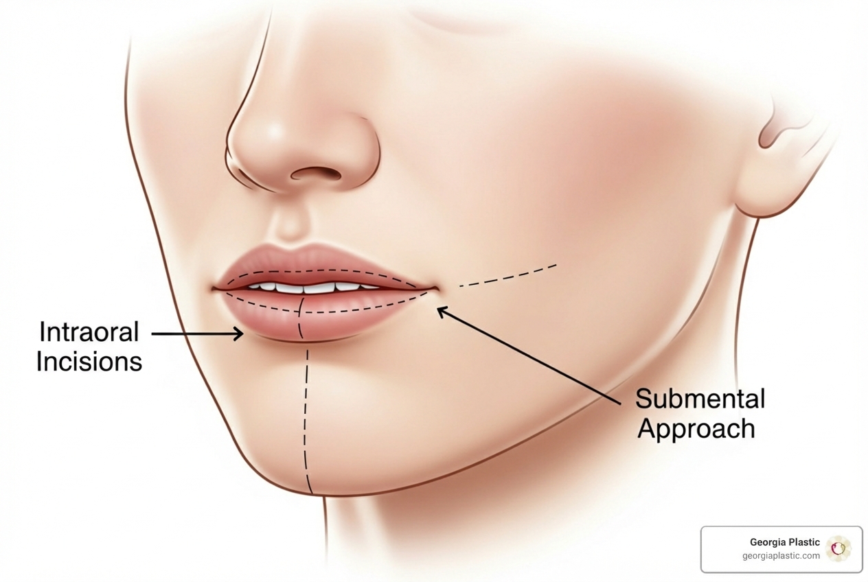 Illustration showing the two primary incision locations for chin implants: inside the mouth (intraoral) and under the chin (submental) - chin and jaw implant