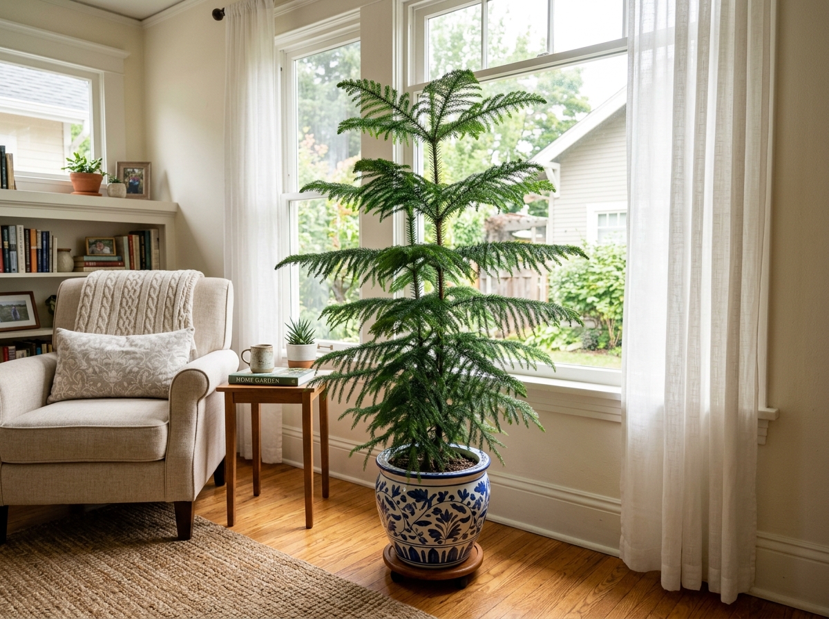 A Norfolk Island Pine placed near a bright, sheer-curtained window - araucaria heterophylla Norfolk indoors