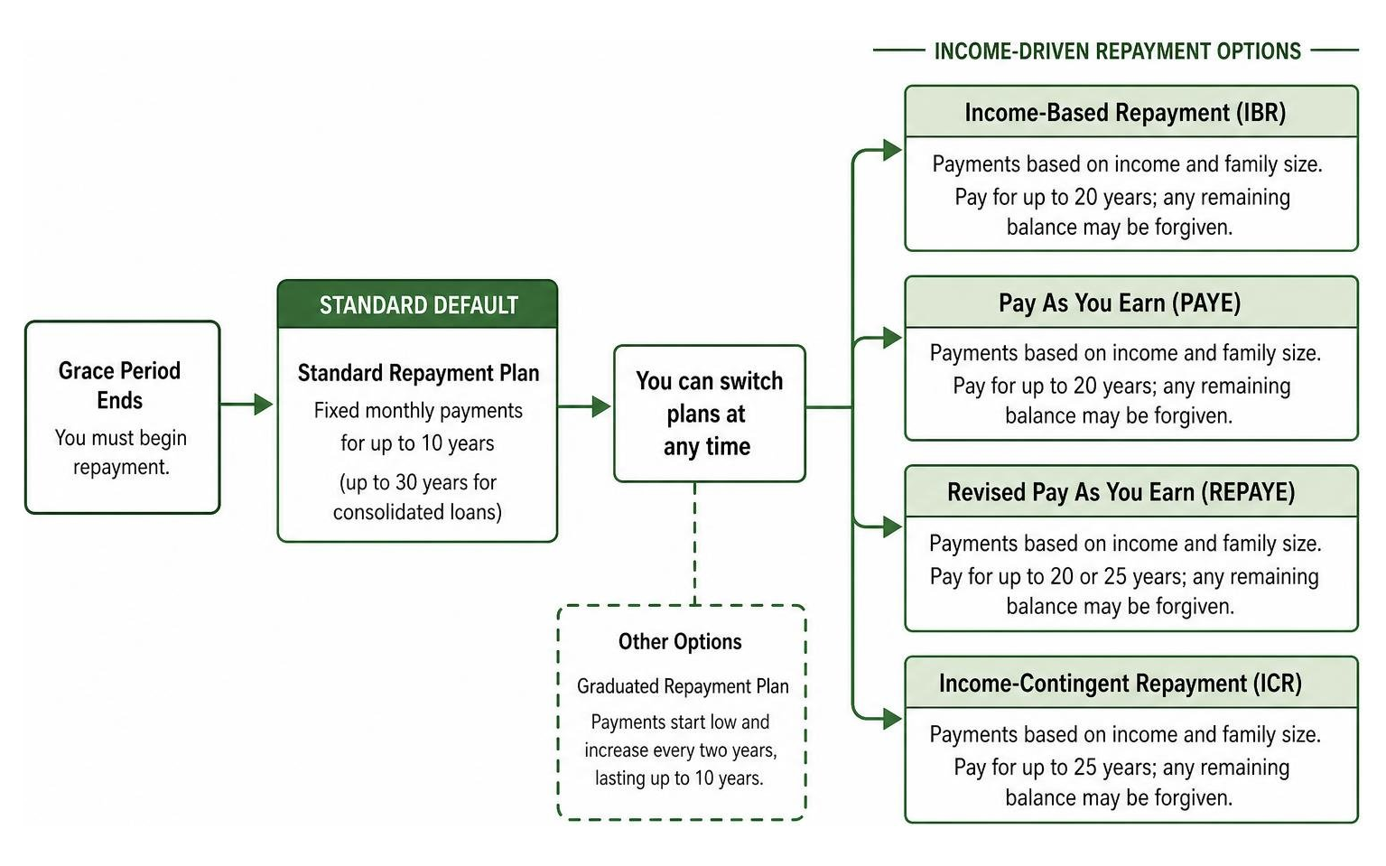Diagram of federal student loan repayment pathways from Standard to Income-Driven options