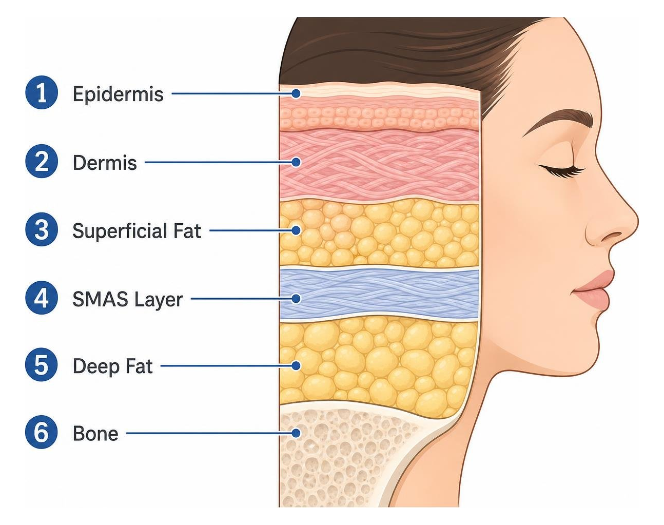 Facial aging layers: epidermis, dermis, superficial fat, SMAS layer, deep fat, and bone
