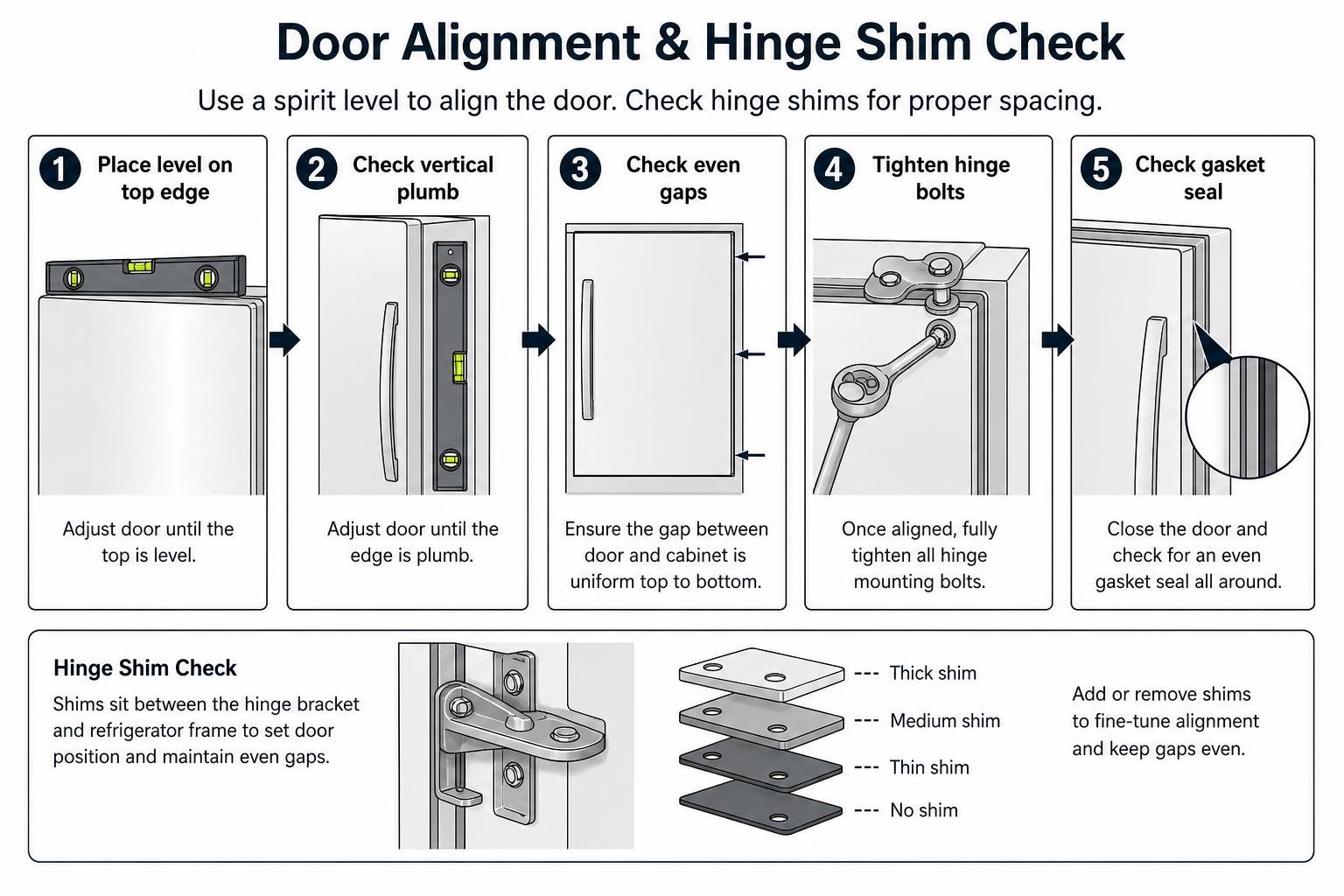 Step-by-step diagram illustrating door alignment using a spirit level and checking hinge shims Step-by-step diagram illustrating door alignment using a spirit level and checking hinge shims