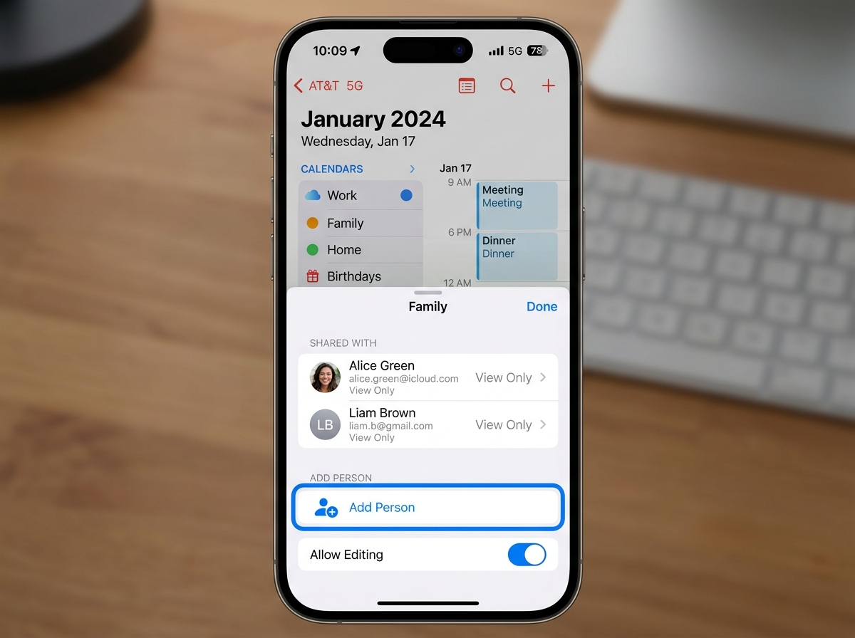 iPhone Calendar app sharing screen showing the Add Person button - sharing apple calendar with family