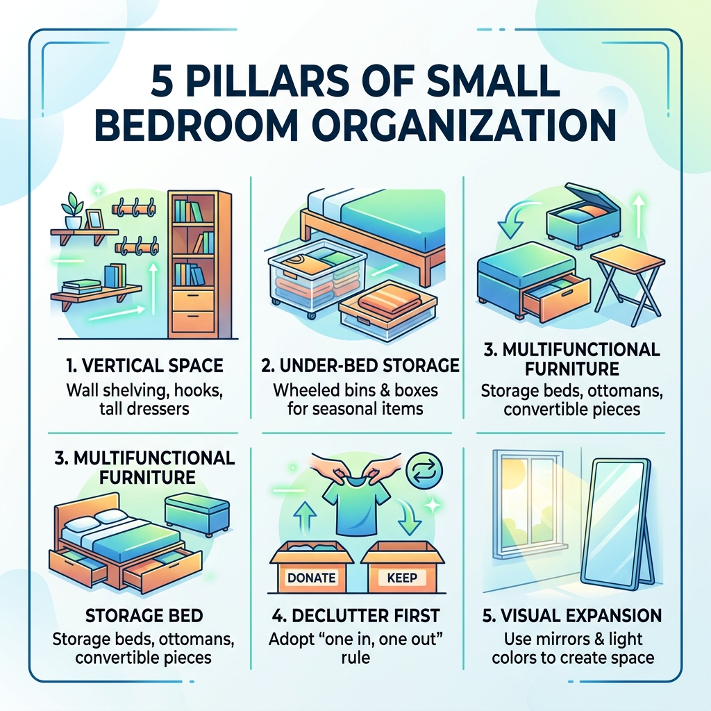 5 pillars of small bedroom organization: vertical space, under-bed storage, multifunctional furniture, decluttering, visual