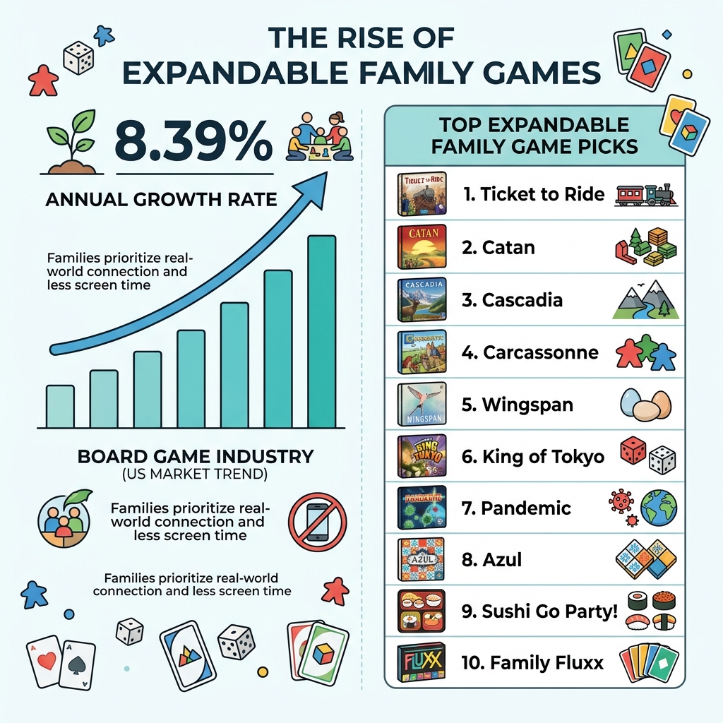 Infographic showing 8.39% annual growth rate of the board game industry and top expandable family game picks - expandable Infographic showing 8.39% annual growth rate of the board game industry and top expandable family game picks - expandable
