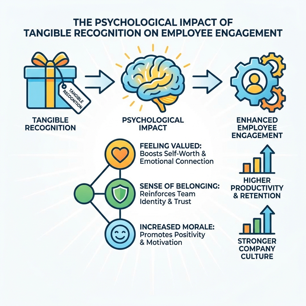 infographic explaining the psychological impact of tangible recognition on employee engagement - christmas gift ideas for employees on a budget infographic 