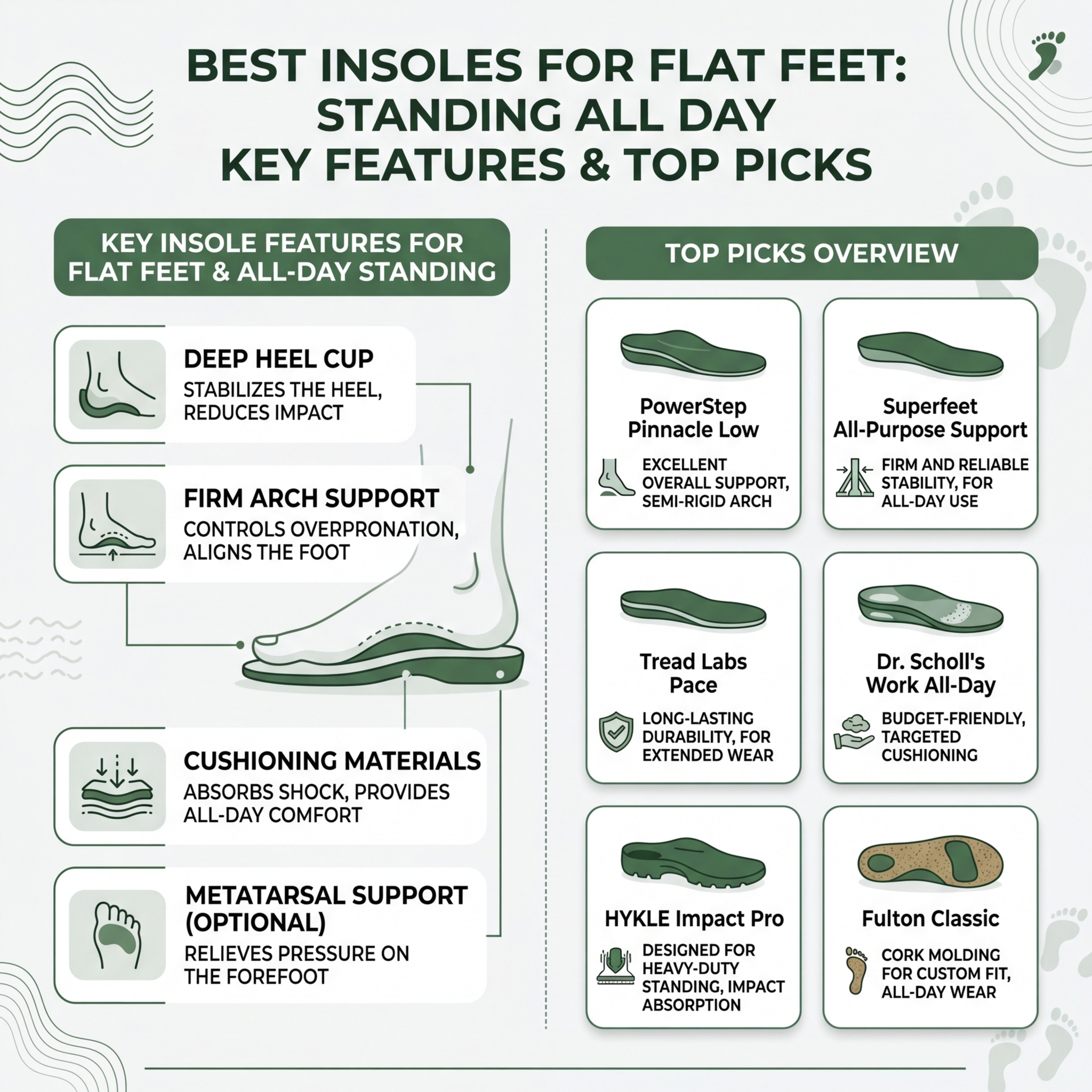 Best insoles for flat feet standing all day - key features and top picks infographic - best insoles for flat feet standing Best insoles for flat feet standing all day - key features and top picks infographic - best insoles for flat feet standing