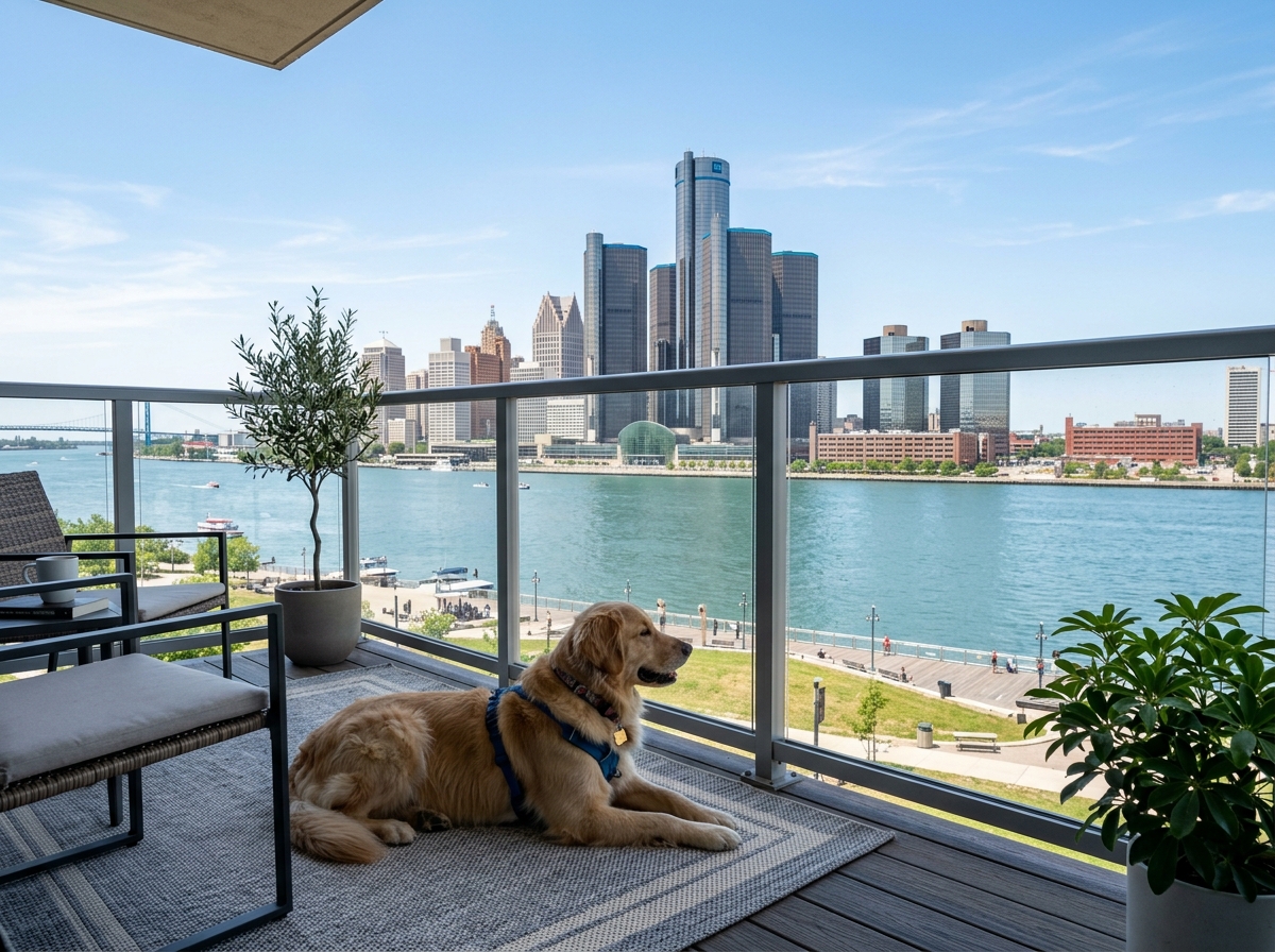 Detroit skyline view from a pet-friendly balcony - Pet friendly rentals Detroit