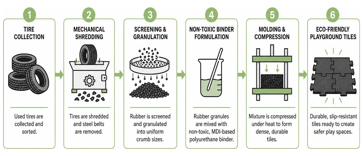 Diagram showing tire recycling transformation process into eco-friendly playground tiles