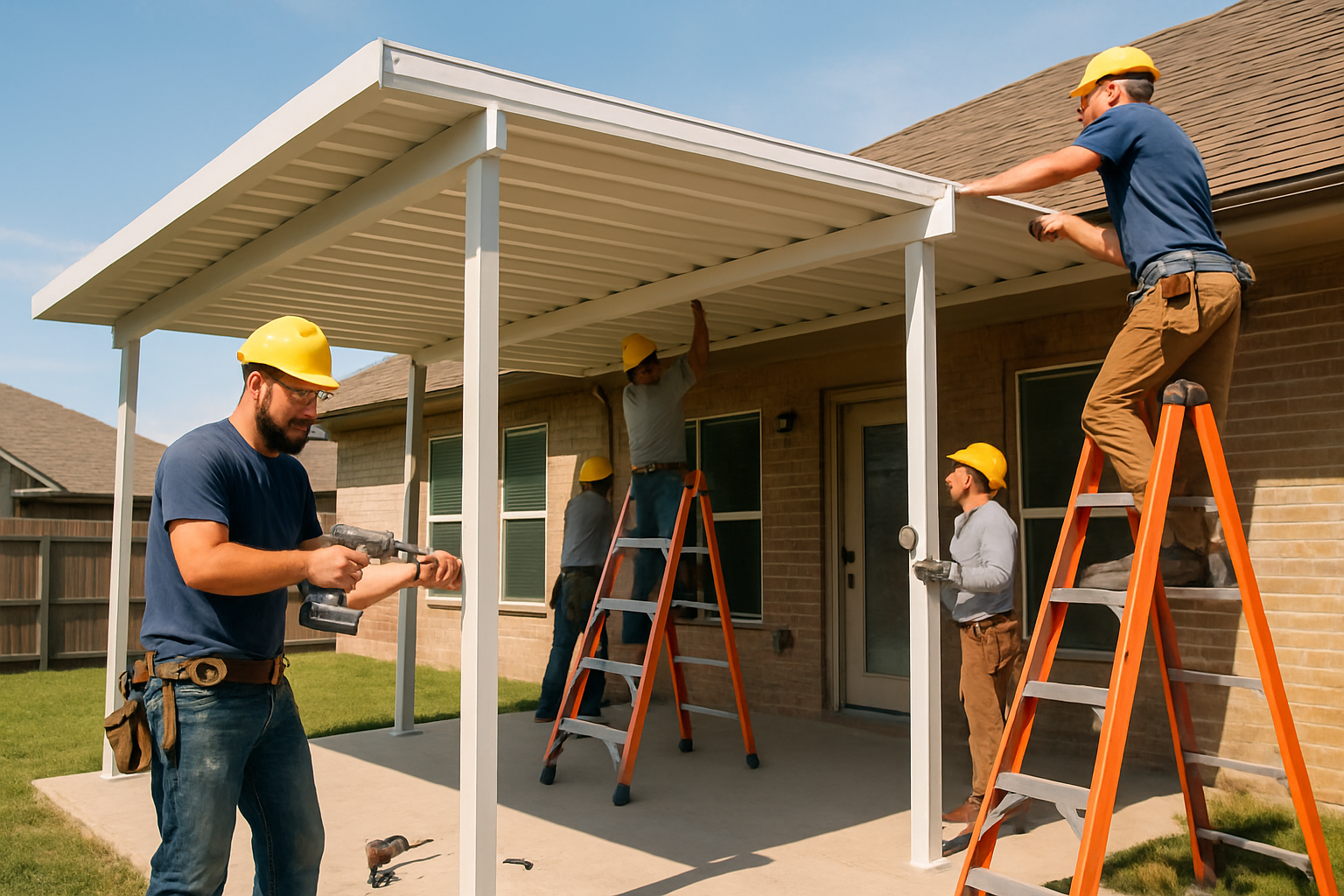 Team of construction workers installing an aluminum patio cover on a residential home, emphasizing budget-friendly outdoor solutions for Essex County homeowners.