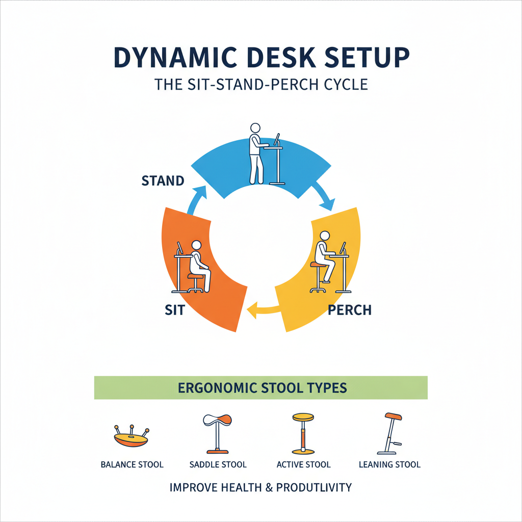 infographic showing the sit-stand-perch cycle and ergonomic stool types - best ergonomic stool reviews infographic 