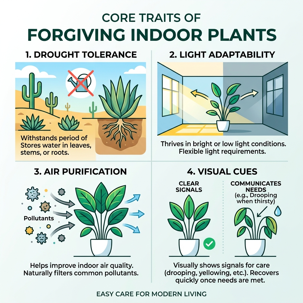 Core traits of forgiving indoor plants: drought tolerance, light adaptability, air purification, and visual cues - forgiving Core traits of forgiving indoor plants: drought tolerance, light adaptability, air purification, and visual cues - forgiving