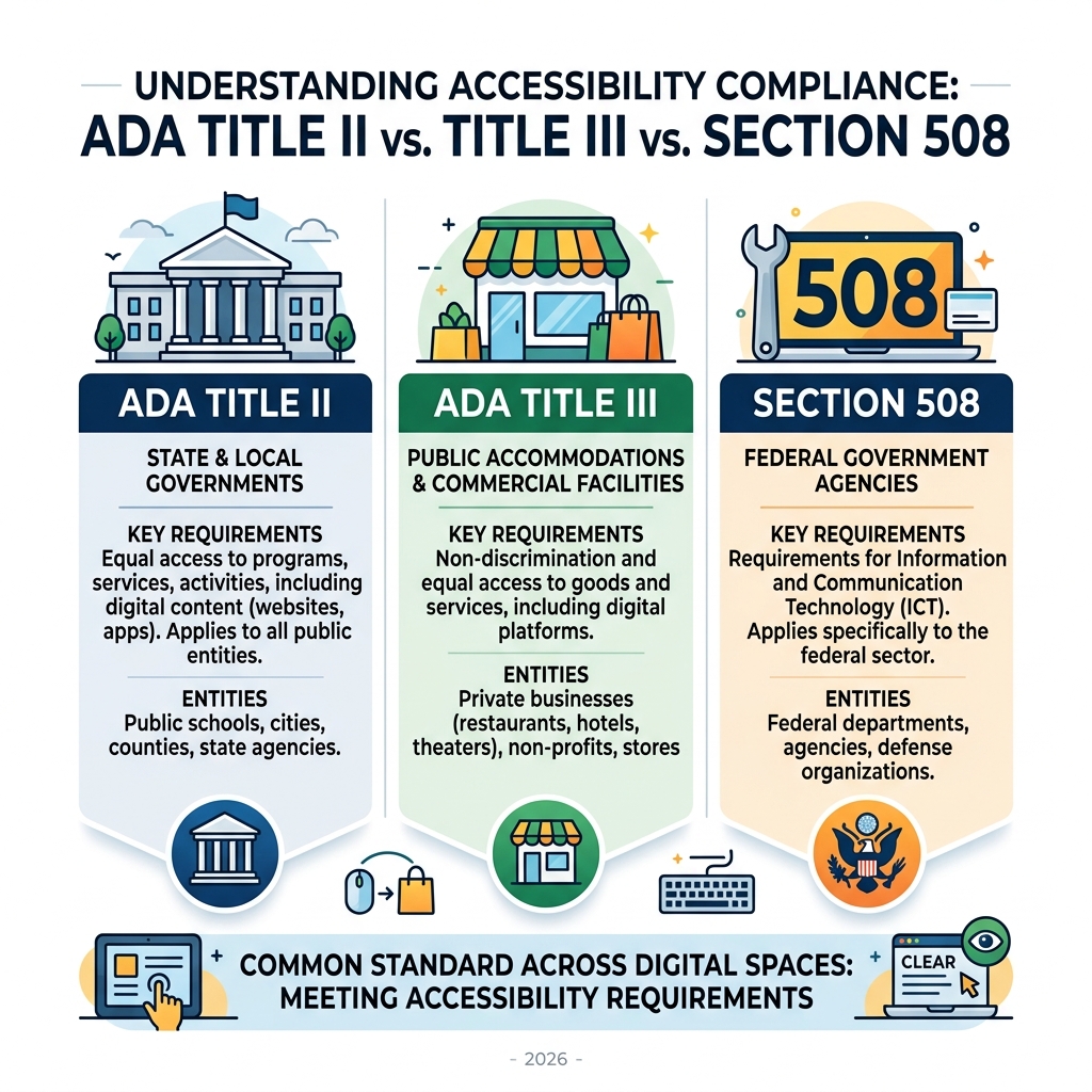 ADA Title II vs Title III vs Section 508 compliance overview infographic - ADA compliance check infographic ADA Title II vs Title III vs Section 508 compliance overview infographic - ADA compliance check infographic