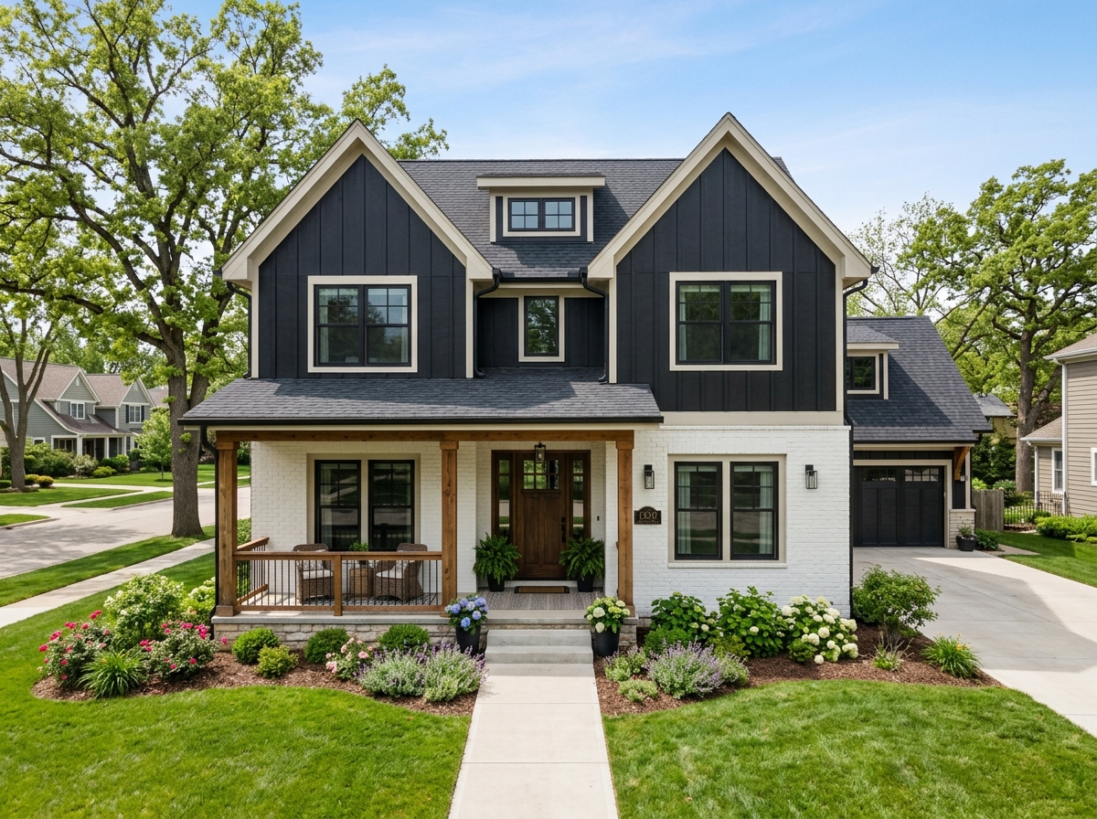 Modern farmhouse with white brick and black board and batten siding - brick and siding exterior Modern farmhouse with white brick and black board and batten siding - brick and siding exterior