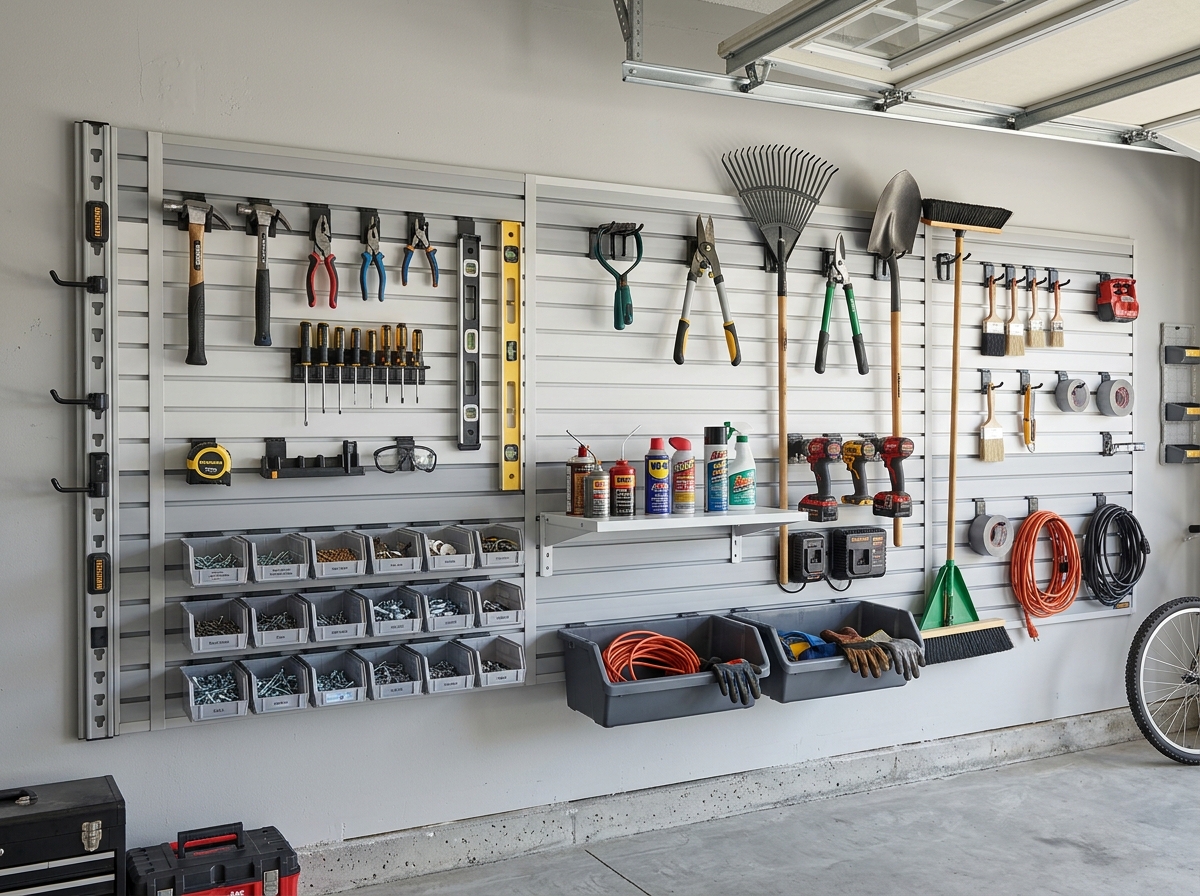 various slatwall and track configurations for garage organization - customizable garage storage walls
