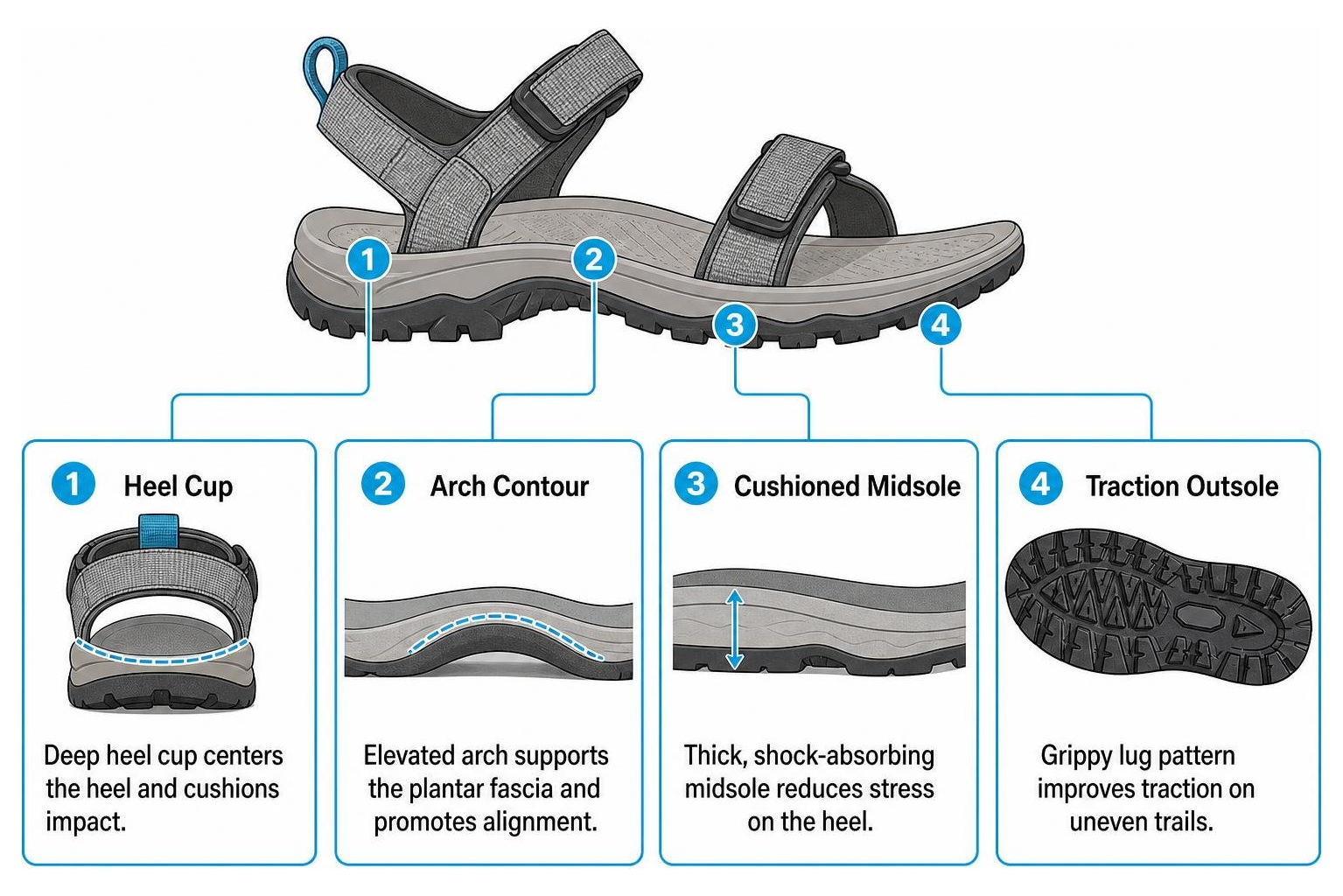 diagram of hiking sandal components including heel cup arch contour and traction outsole diagram of hiking sandal components including heel cup arch contour and traction outsole