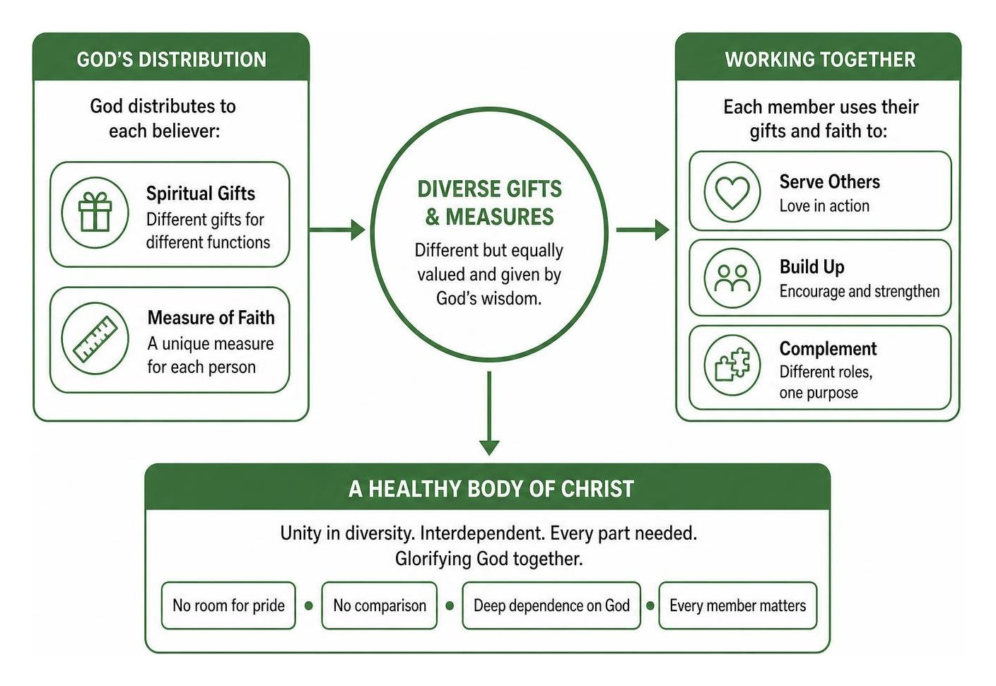 Diagram showing how diverse spiritual gifts and measures of faith connect to form a healthy body of Christ