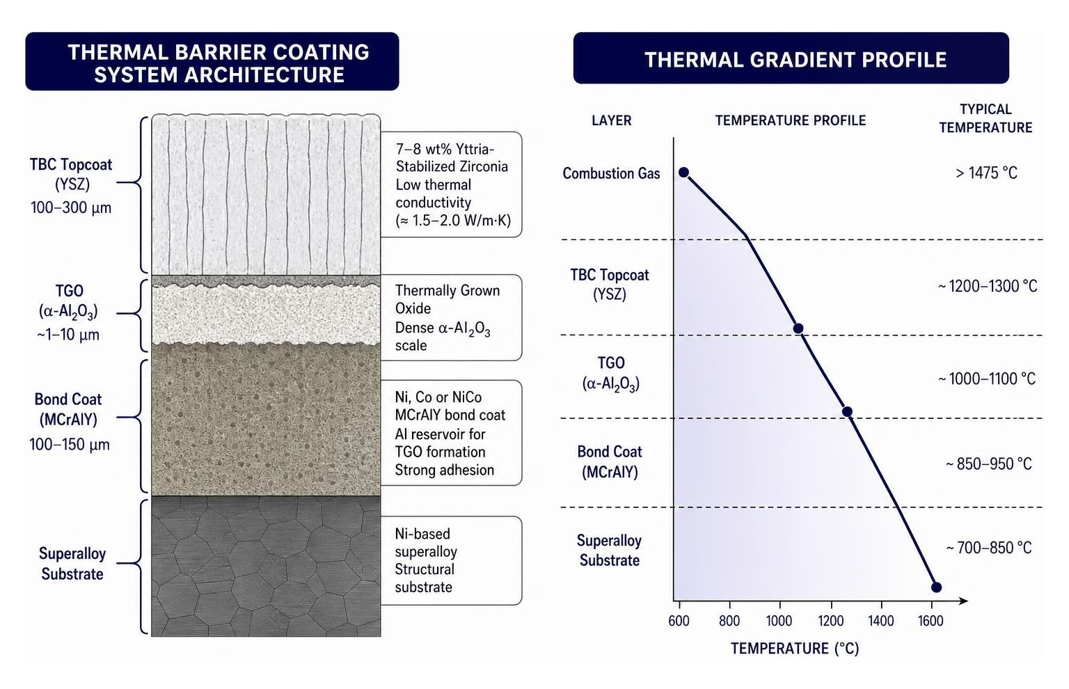 Thermal Barrier Coating system architecture and thermal gradient profile