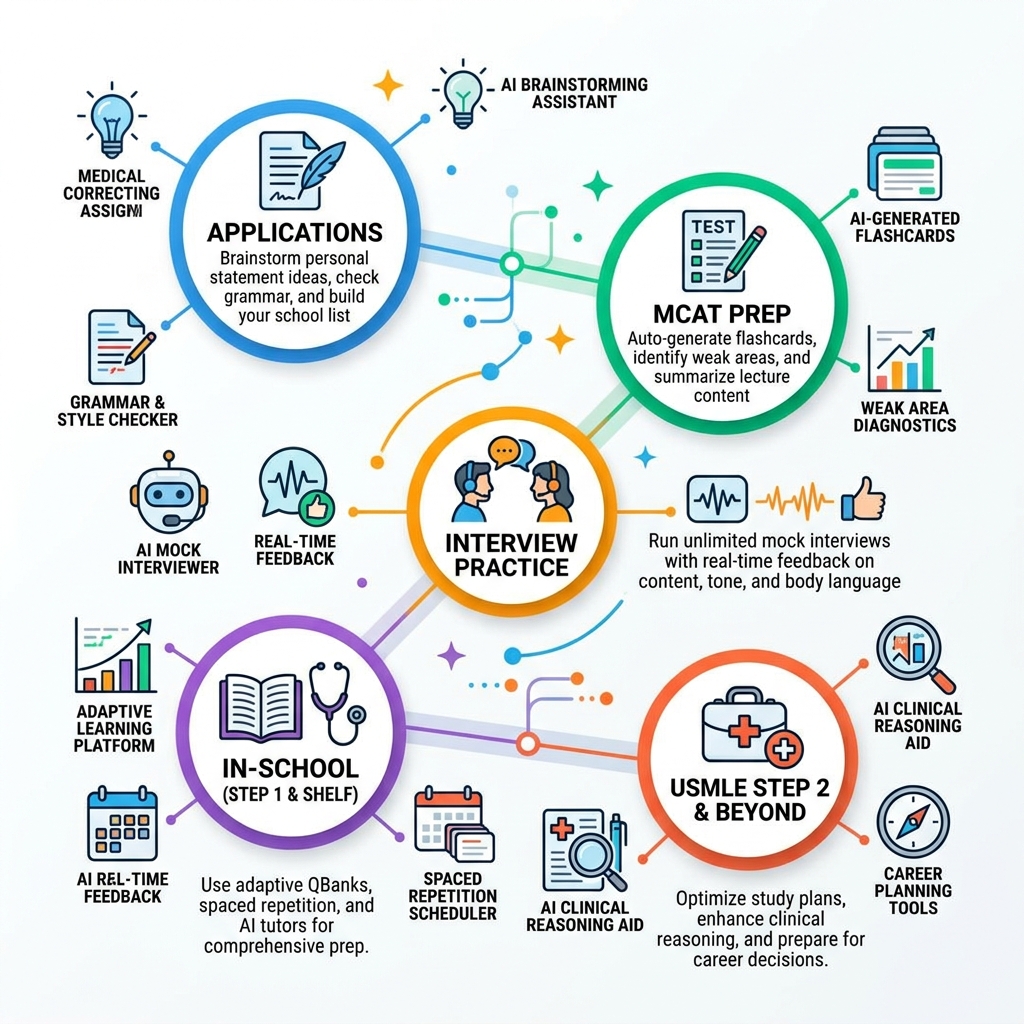 AI medical school prep journey from application to USMLE, showing tools at each stage - ai medical school prep infographic AI medical school prep journey from application to USMLE, showing tools at each stage - ai medical school prep infographic