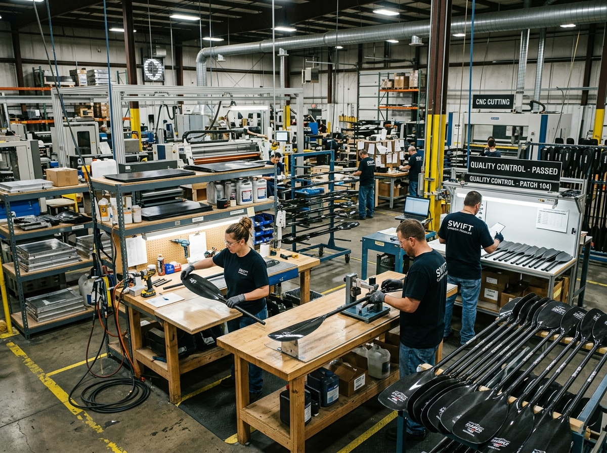 of a manufacturing floor producing high-performance carbon fiber paddles - offset whitewater paddle blade