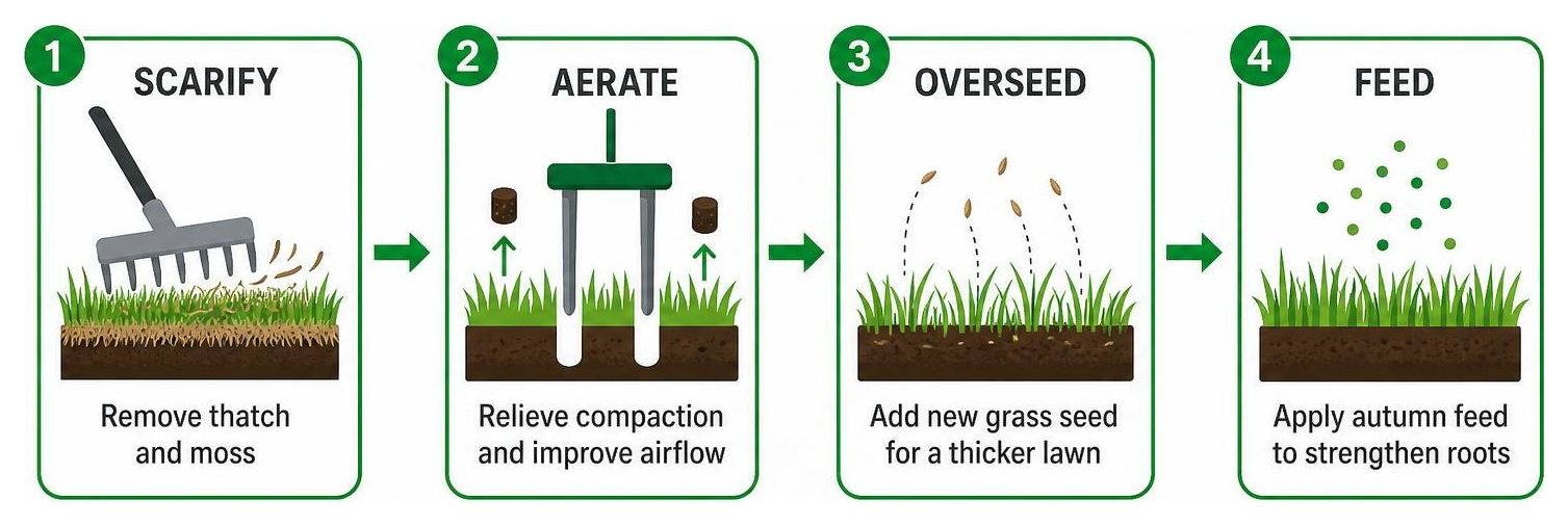 Diagram showing the sequential steps of scarifying, aerating, overseeding, and feeding a lawn