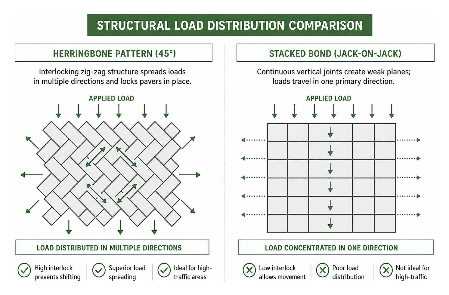 Diagram showing structural load distribution across herringbone versus stacked bond patterns