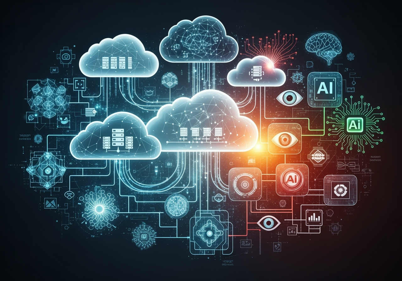 interconnected cloud and AI icons representing a modern tech stack - business process automation strategies