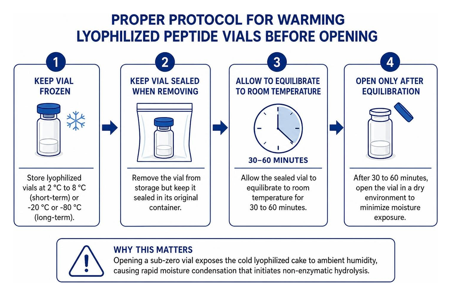 Diagram showing the proper protocol for warming lyophilized peptide vials to room temperature before opening