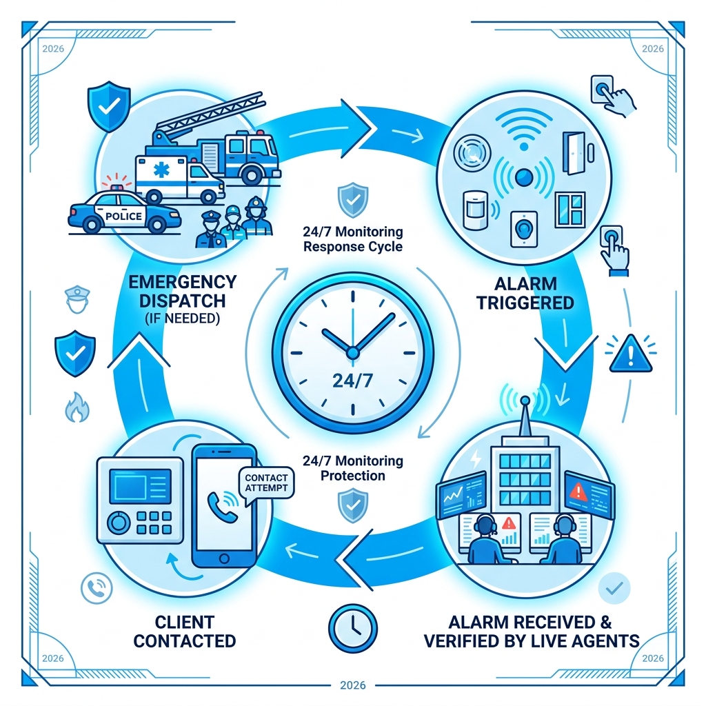 Infographic showing the 24/7 monitoring response cycle from alarm trigger to emergency dispatch - 24 hour home security