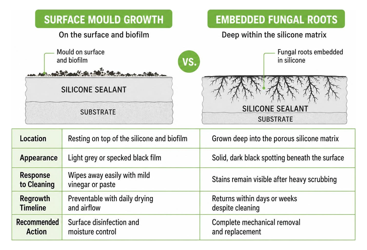 Distinction between surface mould growth and embedded fungal roots in silicone sealant