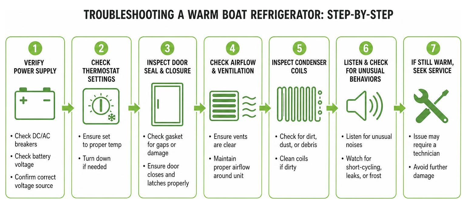 Step-by-step diagnostic workflow for troubleshooting a warm boat refrigerator Step-by-step diagnostic workflow for troubleshooting a warm boat refrigerator