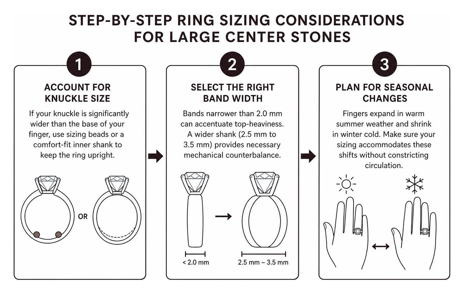 Step by step ring sizing considerations for large center stones