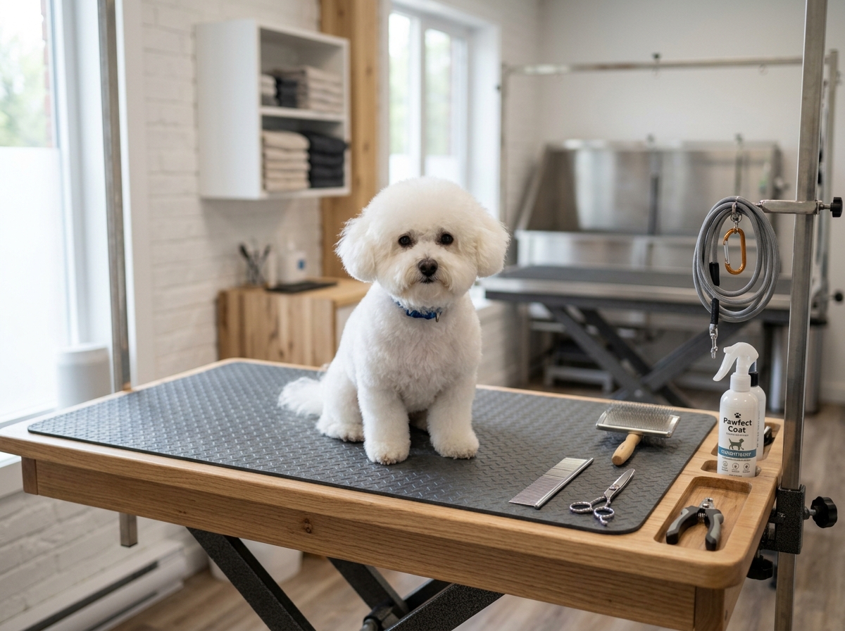 A quiet, organized grooming station with a small dog sitting calmly on a non-slip mat - calm small dog during brushing A quiet, organized grooming station with a small dog sitting calmly on a non-slip mat - calm small dog during brushing