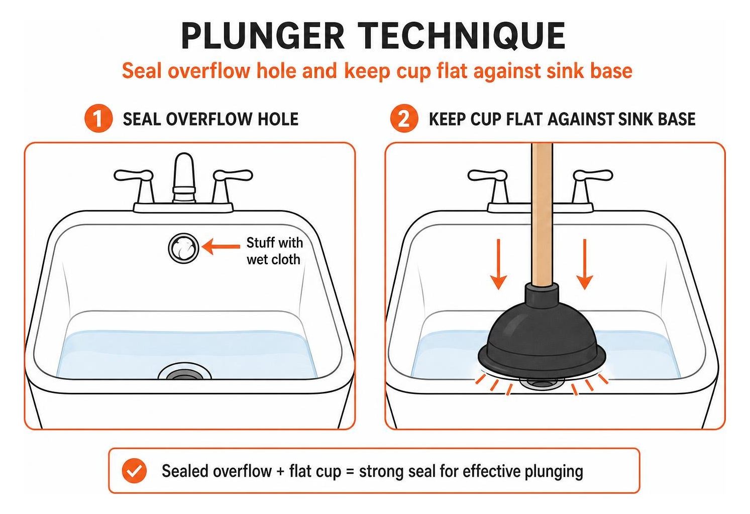 Plunger technique showing sealed overflow hole and flat cup against sink base