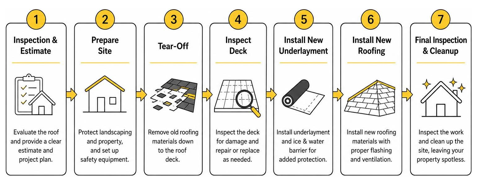 Diagram illustrating the steps of the roof tear-off and replacement process