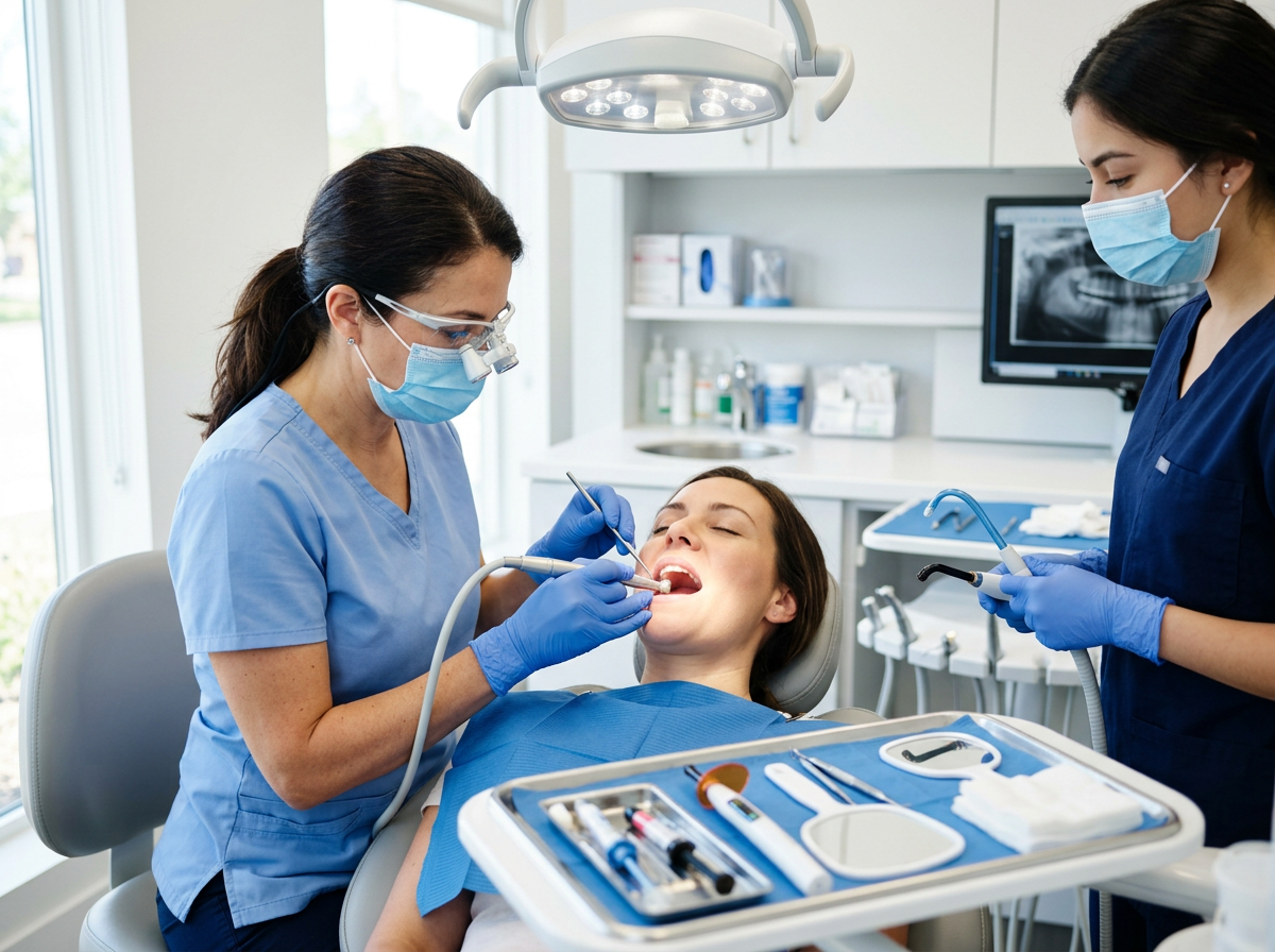 Dentist performing a gentle dental filling procedure at Casey Dental Dentist performing a gentle dental filling procedure at Casey Dental