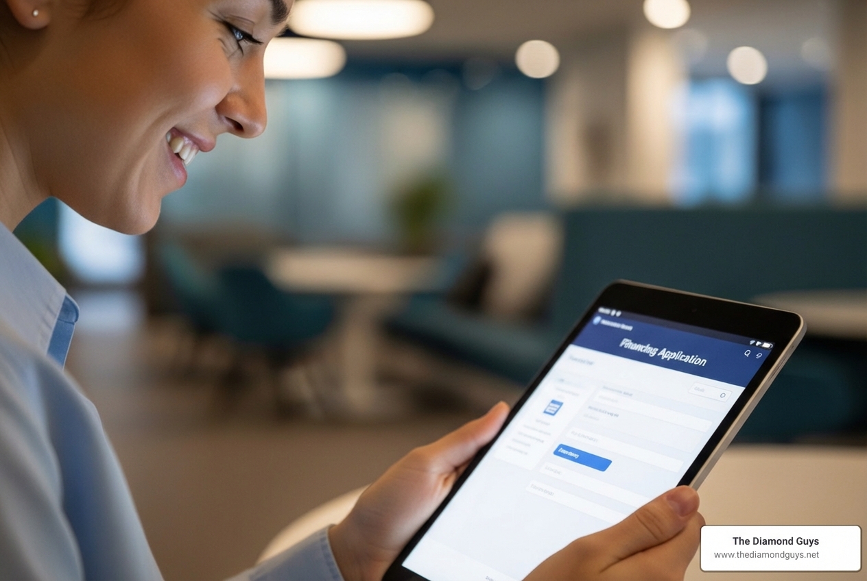 Person smiling while filling out a financing application on a tablet - wedding ring sets financing